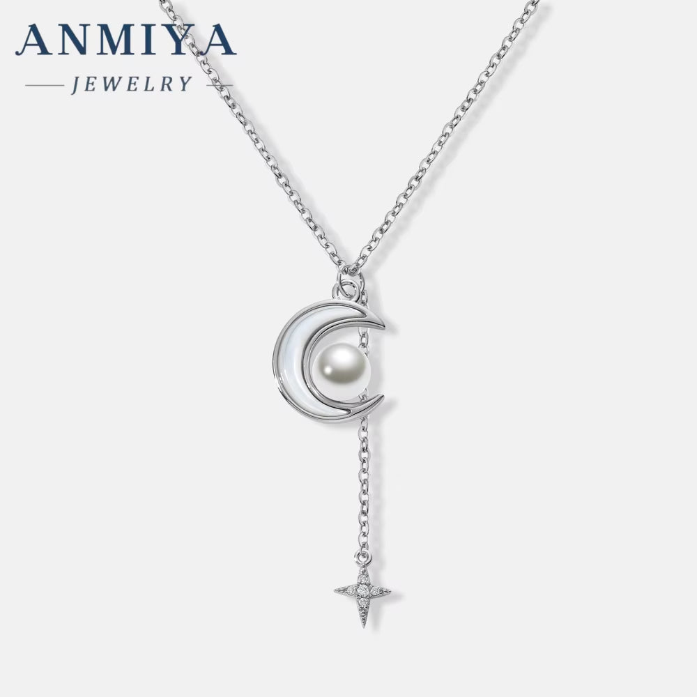 ANMIYA Adjustable Necklace Star and Moon with Freshwater Pearl Tassels 925 Silver Necklace for Women