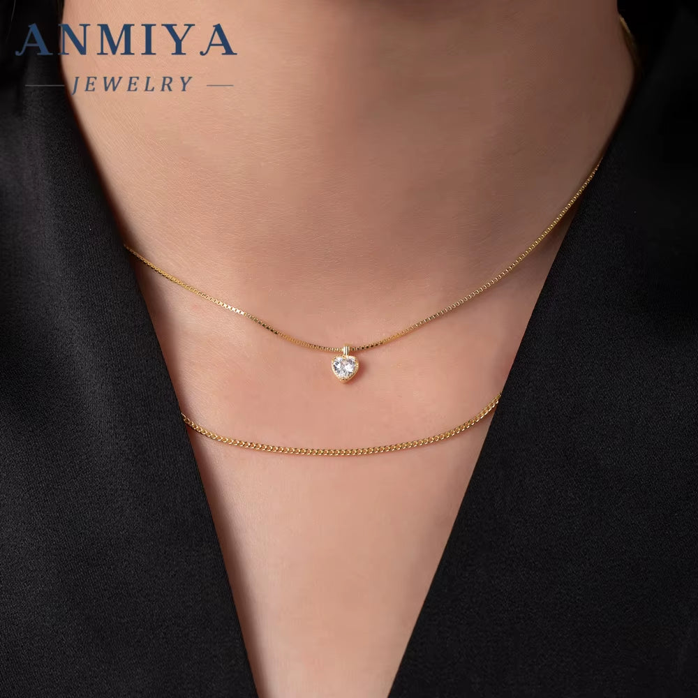 ANMIYA 18K Gold Plated Double Layer Chain Necklaces 925 Silver CZ Zircon Heart Pendant Necklaces for Mother