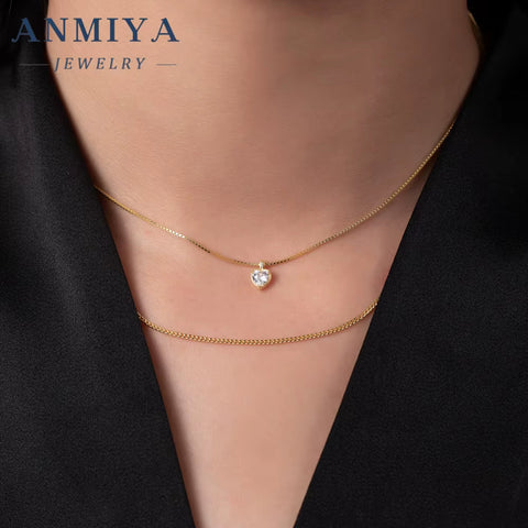ANMIYA 18K Gold Plated Double Layer Chain Necklaces 925 Silver CZ Zircon Heart Pendant Necklaces for Mother