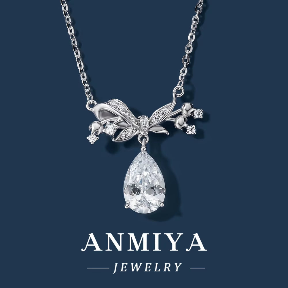 ANMIYA Jewelry S925 Silver Water Drop round Zircon Necklace Women'S Bow Pendant Full Diamond High End Light Luxury Jewelry