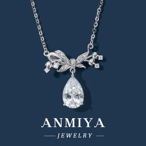 ANMIYA Jewelry S925 Silver Water Drop round Zircon Necklace Women'S Bow Pendant Full Diamond High End Light Luxury Jewelry