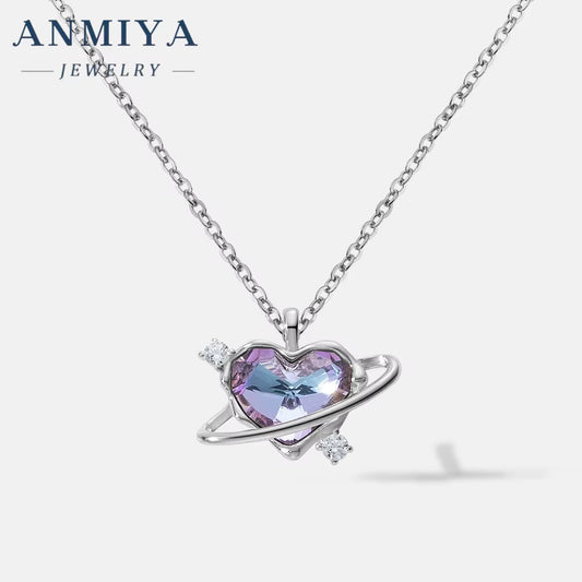 High Quality Fashion Jewelry Factory Shiny Temperament Purple Heart-Shaped Planet 925 Silver Needle Zircon Necklace