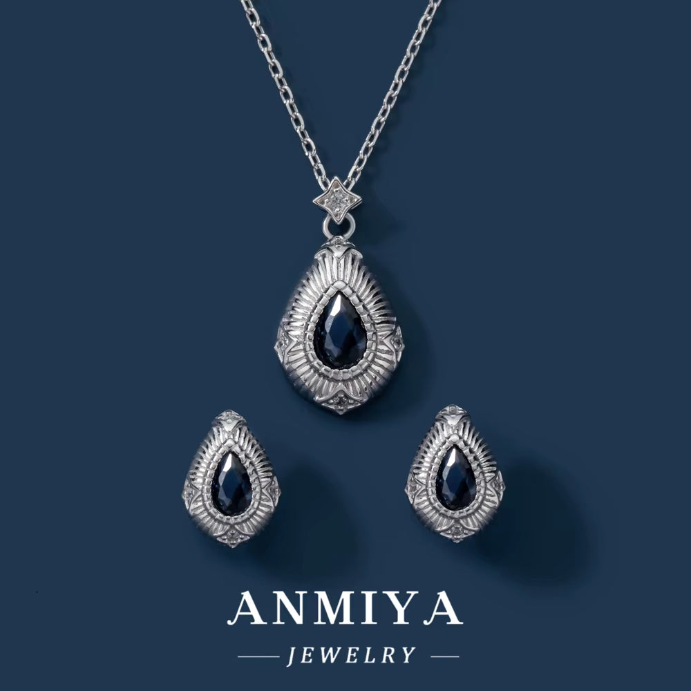 ANMIYA 18K Gold Plated Drop Earring Jewelry Blue Zircon Earring Women Drop Necklace 925 Silver Jewelry Set for Lady Gift