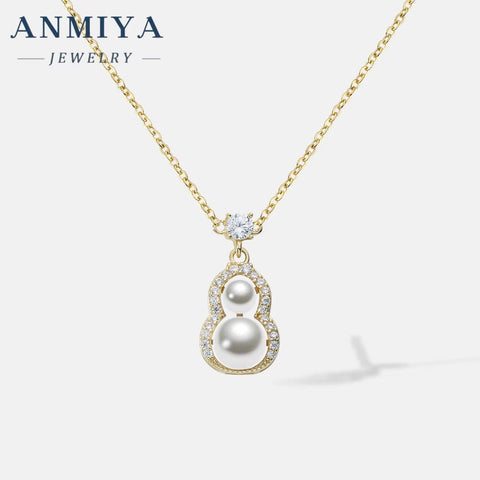 ANMIYA Certified 18K Gold Plated Hollow Diamond Calabash Pendant Gold Hipster Women'S Clavicle Chain Water Pearl Gold Wholesale