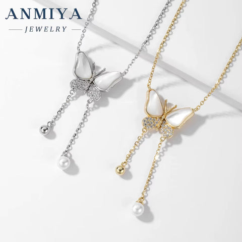 ANMIYA 925 Silver Gold Plated Fringe Link Chain Necklace Butterfly Zircon White Shell Pendant Fashionable Party Occasions Women