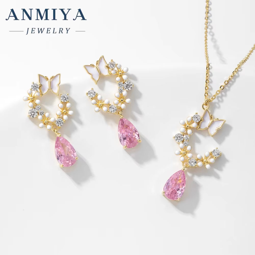 ANMIYA Maker Customizing Jewelry 925 Pink Zircon Water Drop Garland Earrings Set and Necklace for Gift Girls