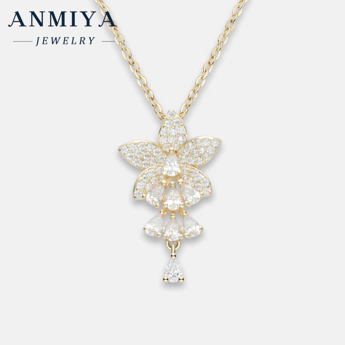 ANMIYA 18K Gold Plated 925 Sterling Silver Flower Pendant 5A Zircon Inoxidable Necklace