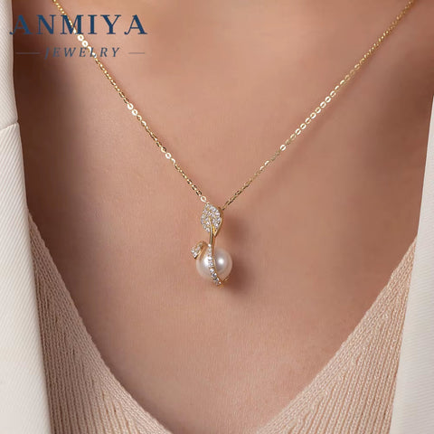 ANMIYA Trendy Jewelry Summer 2024 No Fade Adjustable Long Gold Plated 925 Silver Women Leaf Pearl Pendant Necklace