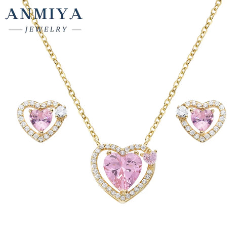 Fashion S925 Sterling Sliver Heart Pink 5A Zircon Necklace Earring Jewelry Set for Women Luxury Diamond Jewelry