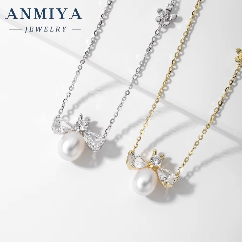 ANMIYA Personality Bee Fresh Water Pearl Pendant 925 Silver Jewelry Real Gold Plating Zircon Necklace for Women