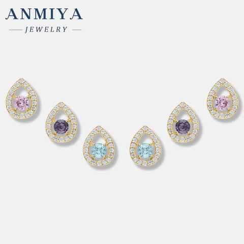 ANMIYA Custom 3Pcs Set S925 Sterling Silver Purple Zircon CZ Stone Geometric Water Drop Heart-Shaped Zircon Stud Earrings Set