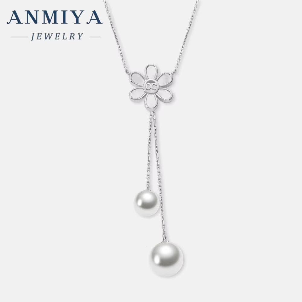 ANMIYA Women'S Long Tassel Pearl Zircon Flower Necklace Silver Plated 925 Silver Chain Style for Wedding Engagement