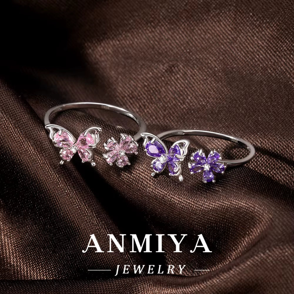 925 Sterling Silver Wholesale Butterfly Ring with Pink Purple Zircon, Bulk Flower Jewelry for Holiday Wedding, Anniversary Gifts