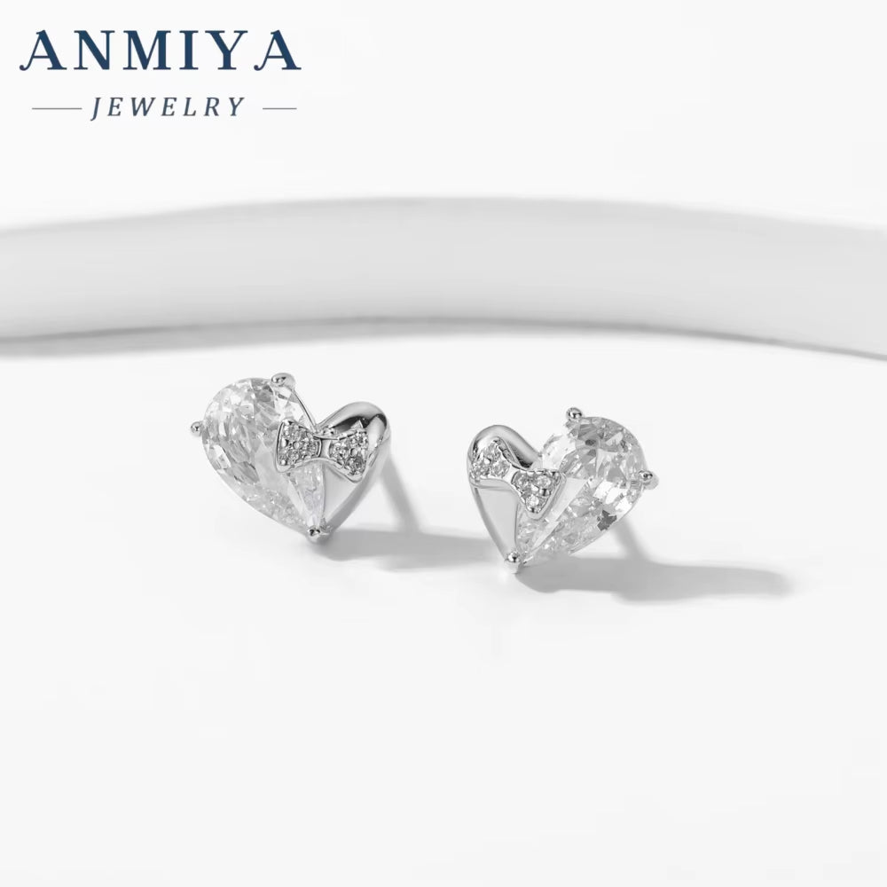 Women Simple Fine Jewelry Diamond Cubic Zircon Stone Elegant 925 Sterling Silver Heart Shaped Stud Earrings for Girls