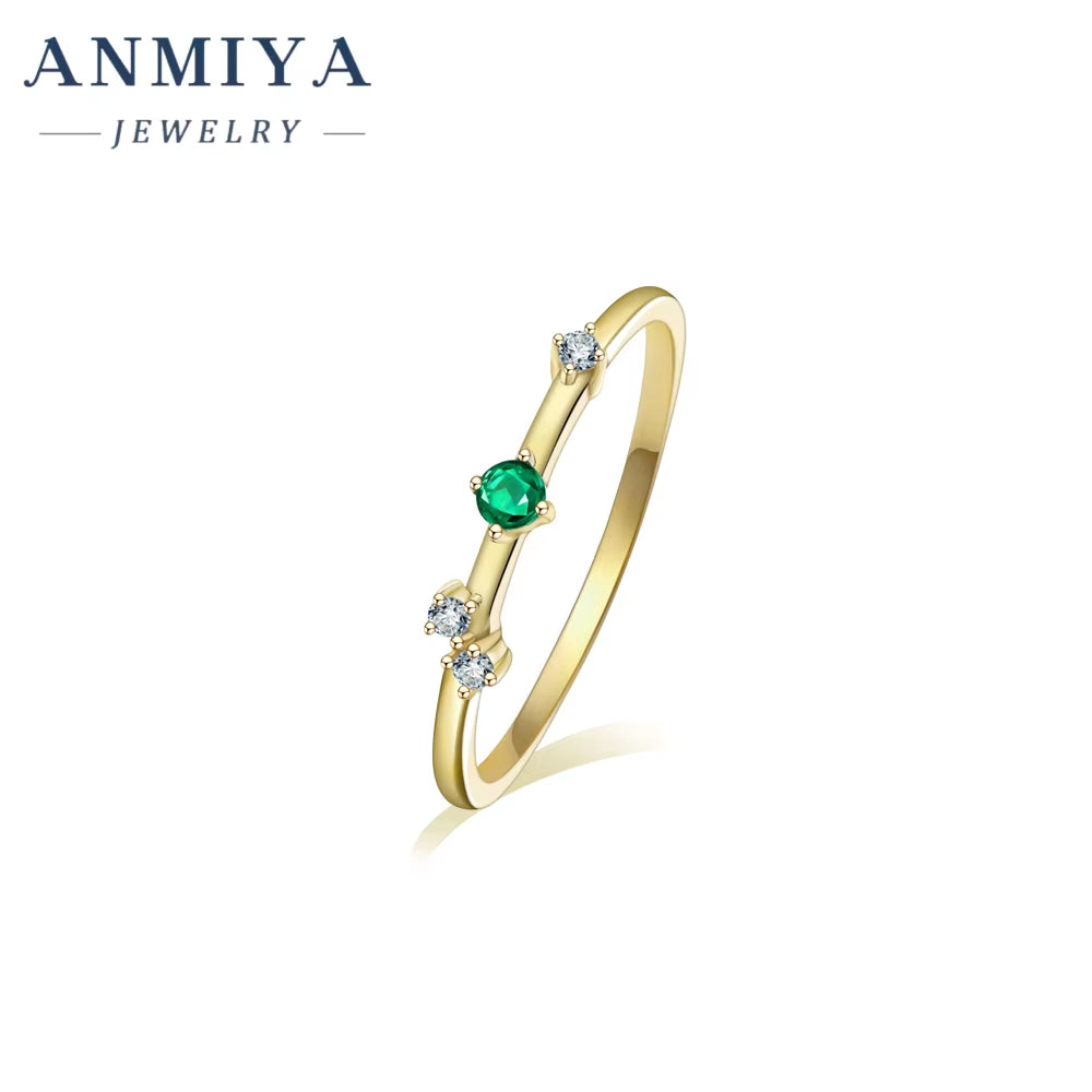 ANMIYA Waterproof Fashion 925 Sterling Silver Bling Green Cubic Zirconia Ring 18K Gold Plated Charm Jewelry