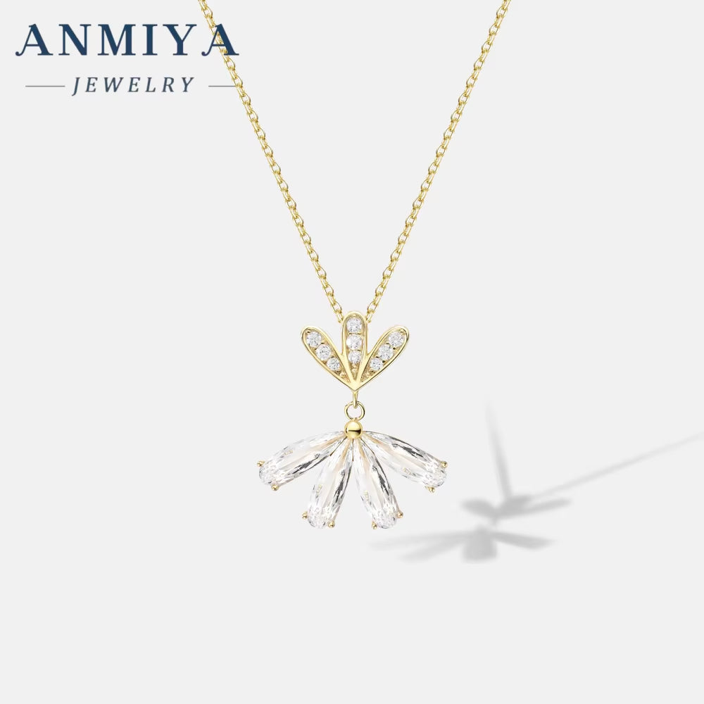 ANMIYA Fine Jewelry Statement Flower Shape Zircon 925 Sterling Silver Shiny Necklace for Women