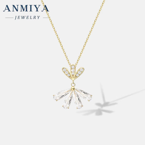 ANMIYA Fine Jewelry Statement Flower Shape Zircon 925 Sterling Silver Shiny Necklace for Women