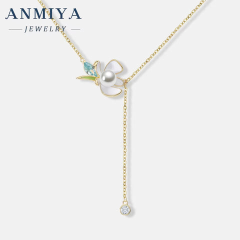 ANMIYA Wholesale 18K Gold Plated Chain with Pearl Flower Pendant 925 Silver Tassels No Fading Necklace for Women