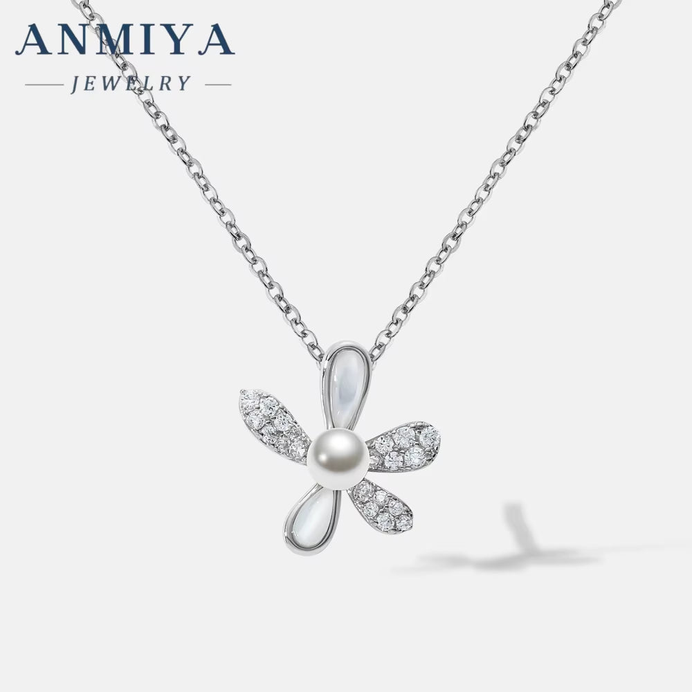 ANMIYA Pearl Flower Necklace 925 Silver Chain Zirconia Pendant Pearl Jewelry Necklace Pendant Wholesale for Women
