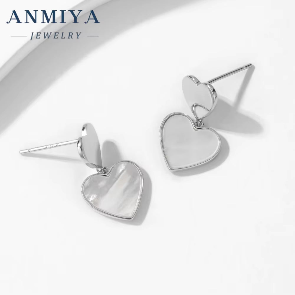 ANMIYA S925 Sterling Silver Korean Style White Shell Earrings 18K Gold Rose Gold Heart Shape Fashion Jewelry Earrings for Women
