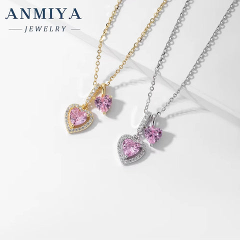 Professional Manufacturer Competitive Price Heart Pendant 925 Silver with Pink Zircons Necklace for Women