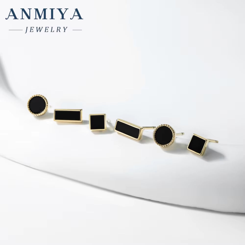 ANMIYA Geometric Shape round Squaer Black 925 Silver Vintage Piercings Stud Earrings 3 Pair for Women