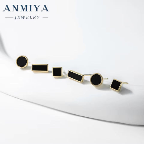 ANMIYA Geometric Shape round Squaer Black 925 Silver Vintage Piercings Stud Earrings 3 Pair for Women
