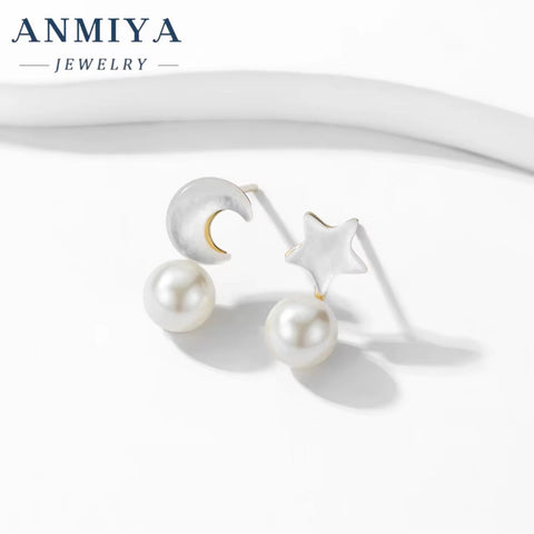 Trendy Fashionable Baroque 18K Gold Plated Star and Moon Fresh Water Pearls Stud Earrings for Women
