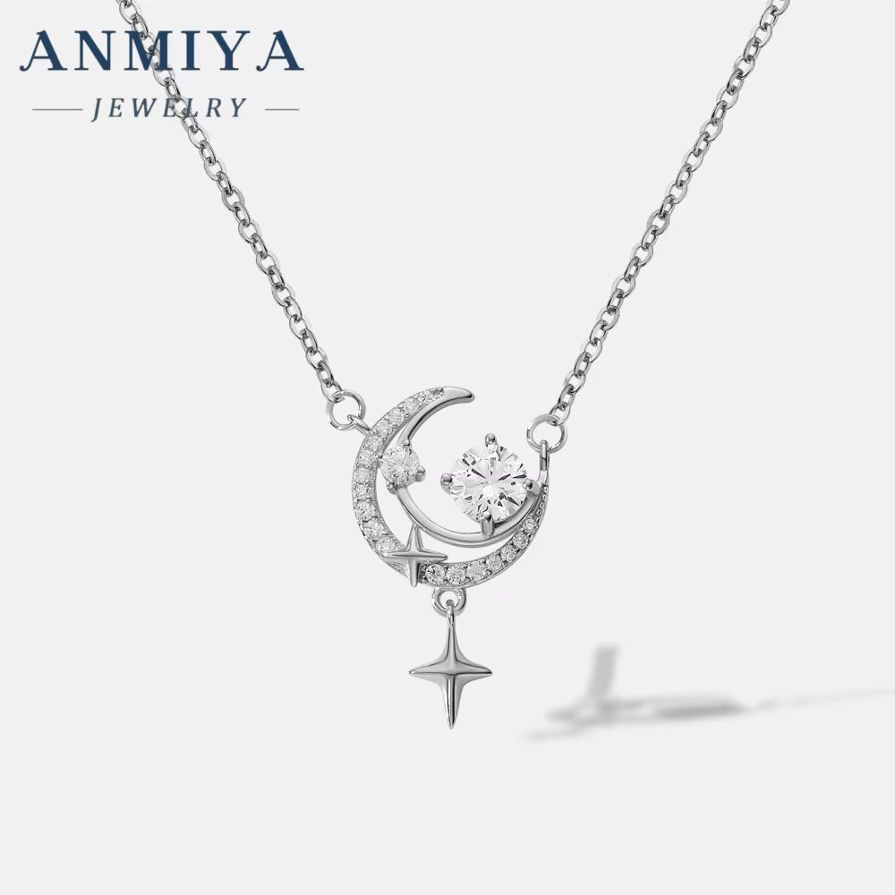 ANMIYA Fashion Women'S Waterproof 18K Gold Plated 925 Silver Moon & Star Pendant Necklace