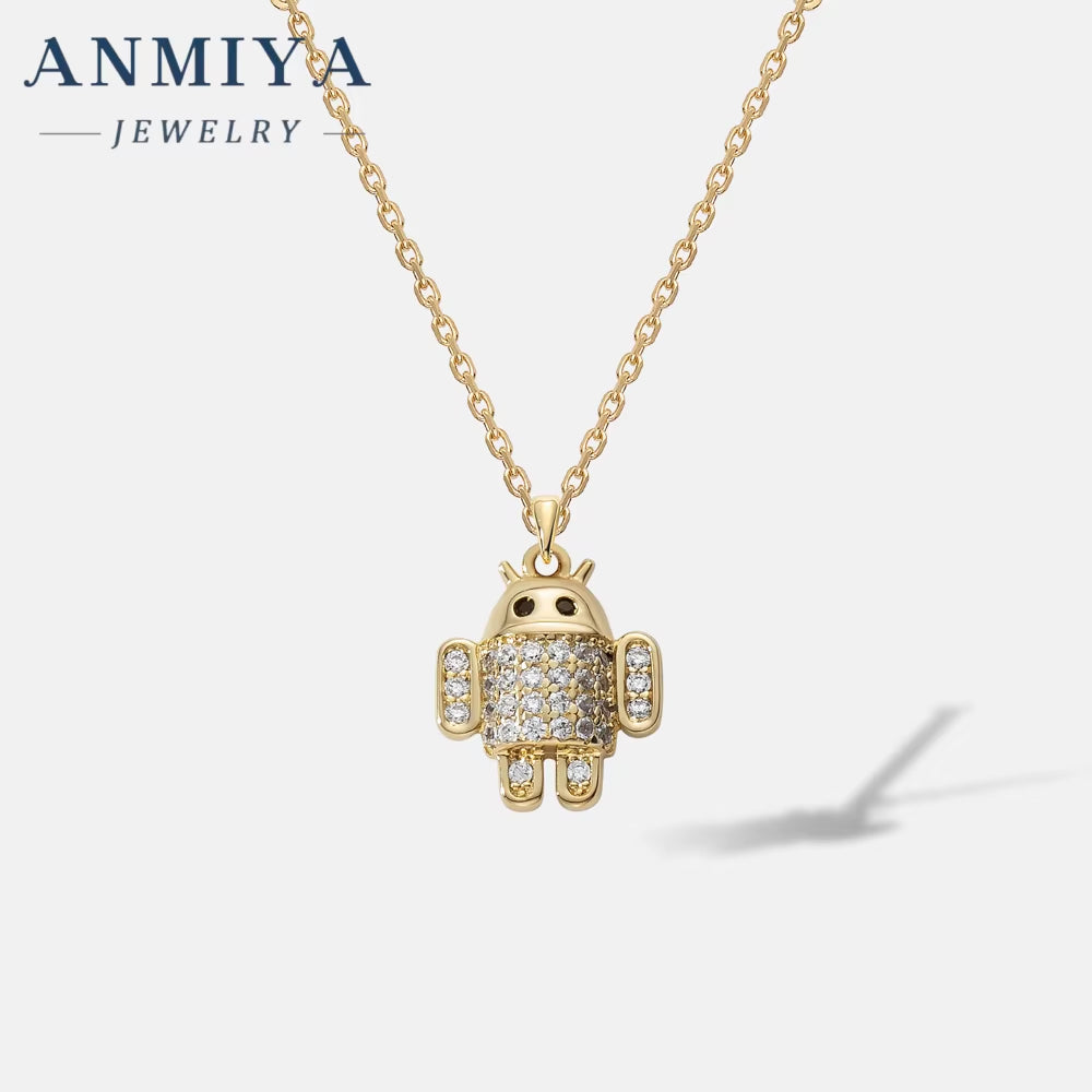 ANMIYA Unisex Accessory Jewelry Sterling 925 Silver Necklace Robot Charm Necklace with Zircon
