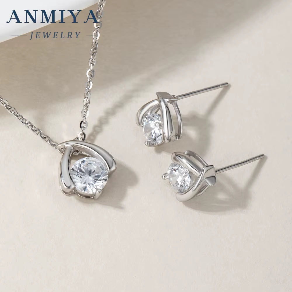 ANMIYA Sterling Silver Intersect Zc Stone Collarbone Diamond Necklace Shine Earrings Set 925 Silver for Women