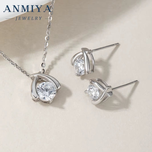 ANMIYA Sterling Silver Intersect Zc Stone Collarbone Diamond Necklace Shine Earrings Set 925 Silver for Women