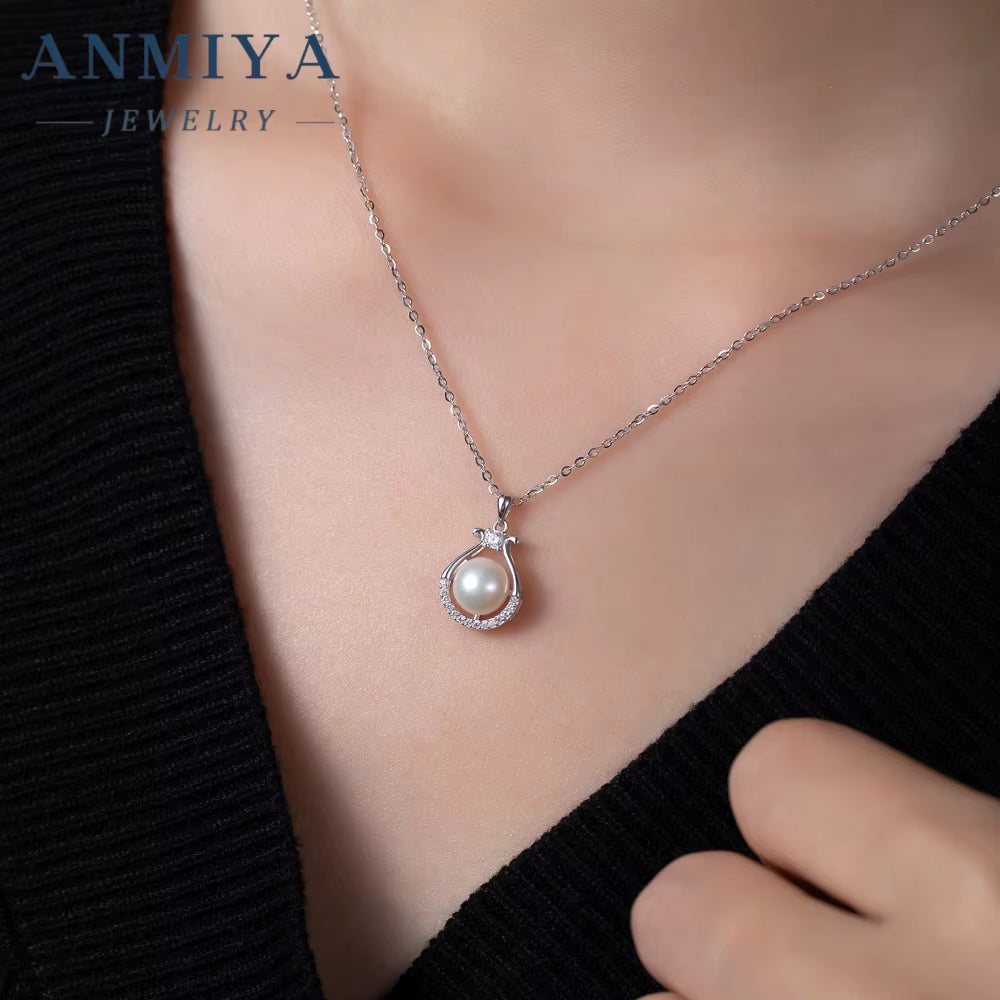 ANMIYA Simple Fashion 5A CZ Zircon Stone Paved Natural Fresh Water Pearl Necklaces for Women Wedding Jewelry