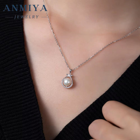 ANMIYA Simple Fashion 5A CZ Zircon Stone Paved Natural Fresh Water Pearl Necklaces for Women Wedding Jewelry
