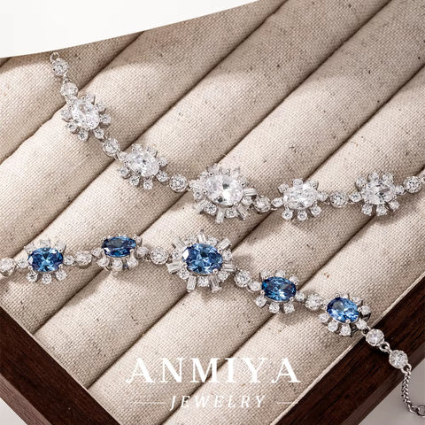 ANMIYA Women Gift 925 Sterling Silver Classic Purple Green Blue White Zircon Bracelet Bangles