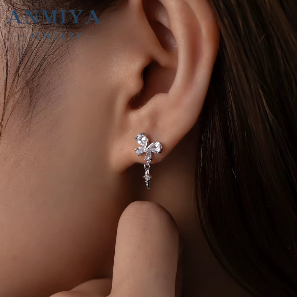 Super Shining Full Zircon Butterfly Stud Earrings for Sweet Girls 925 Silver Plated Rhinestone Women Dangling Star Stud Earrings
