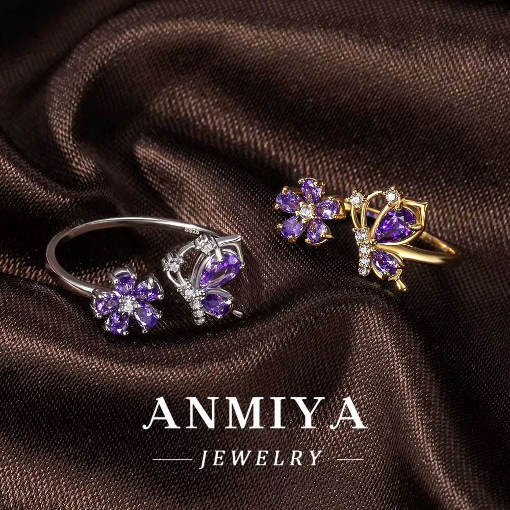 Luxury Wholesale 925 Sterling Silver Butterfly Floral Ring with Pink Purple Zircon for Party Events, Anniversary Gifts