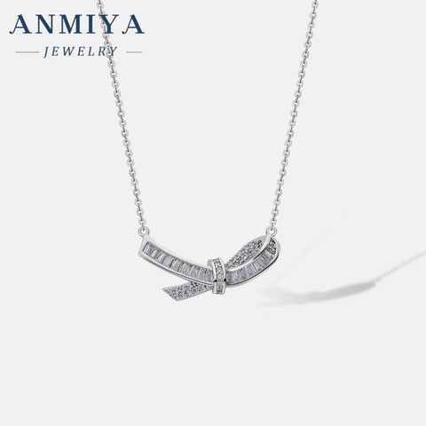 ANMIYA High Quality Original Silver 925 Chain Pendant Real Cubic Zircon Bow Necklace for Women Girls