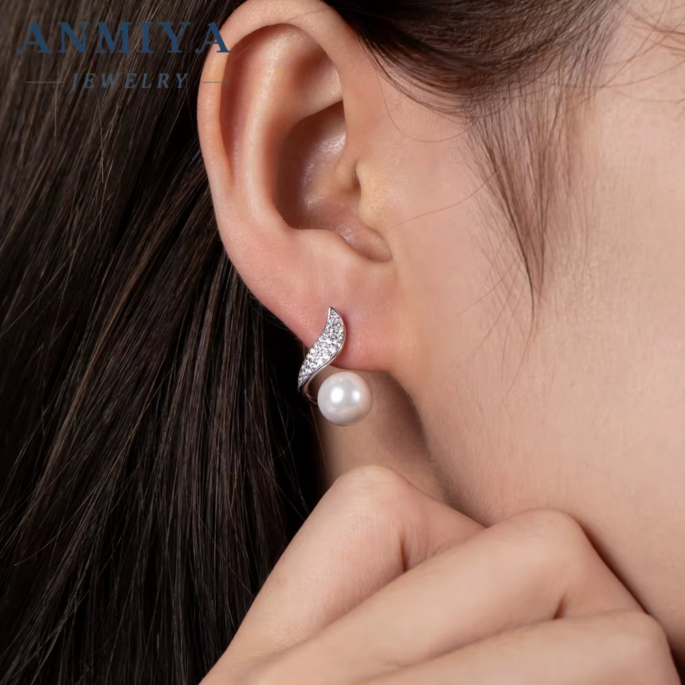 ANMIYA Custom Unique 925 Silver Modern Earrings Women Pearl Zircon Stud Earrings