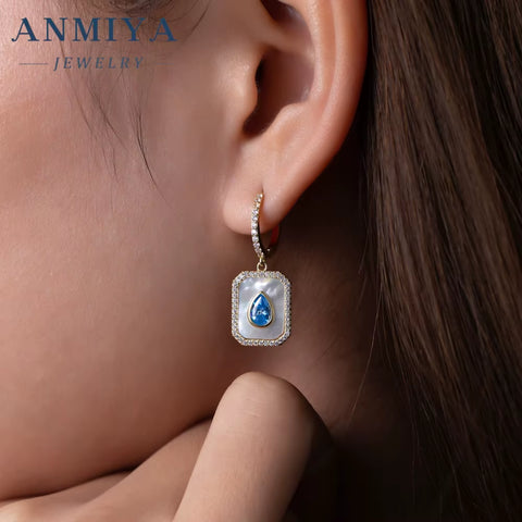 ANMIYA 925 Silver Square White Shell Blue Water Drop Zircon Hoop Earring and Necklace Jewelry Set for Gitf