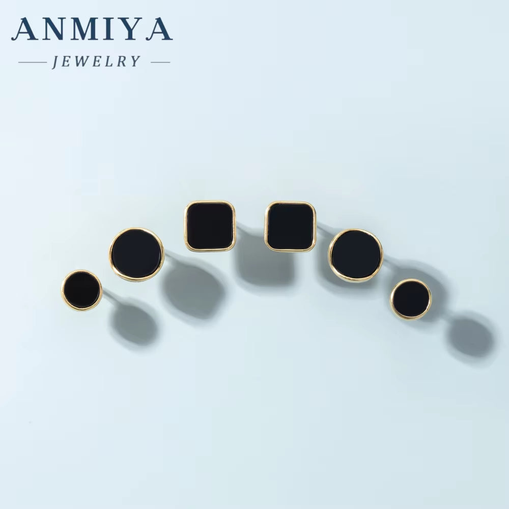 ANMIYA New Tide High Quality Square Shape Black round Silver 925 Gold Stud Earrings Set 3 Pair