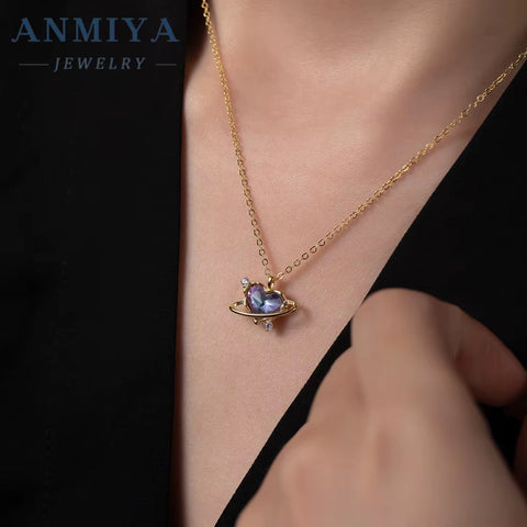 High Quality Fashion Jewelry Factory Shiny Temperament Purple Heart-Shaped Planet 925 Silver Needle Zircon Necklace