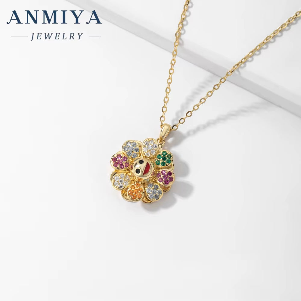 Takashi Murakami Diamond-Encrusted Sun Flower Pendant 925 Silver Necklace Trendy Men'S Hip Hop Glitter Pink Rotatable Collars