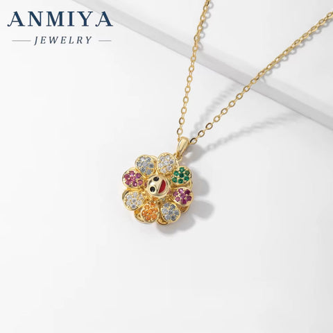 Takashi Murakami Diamond-Encrusted Sun Flower Pendant 925 Silver Necklace Trendy Men'S Hip Hop Glitter Pink Rotatable Collars