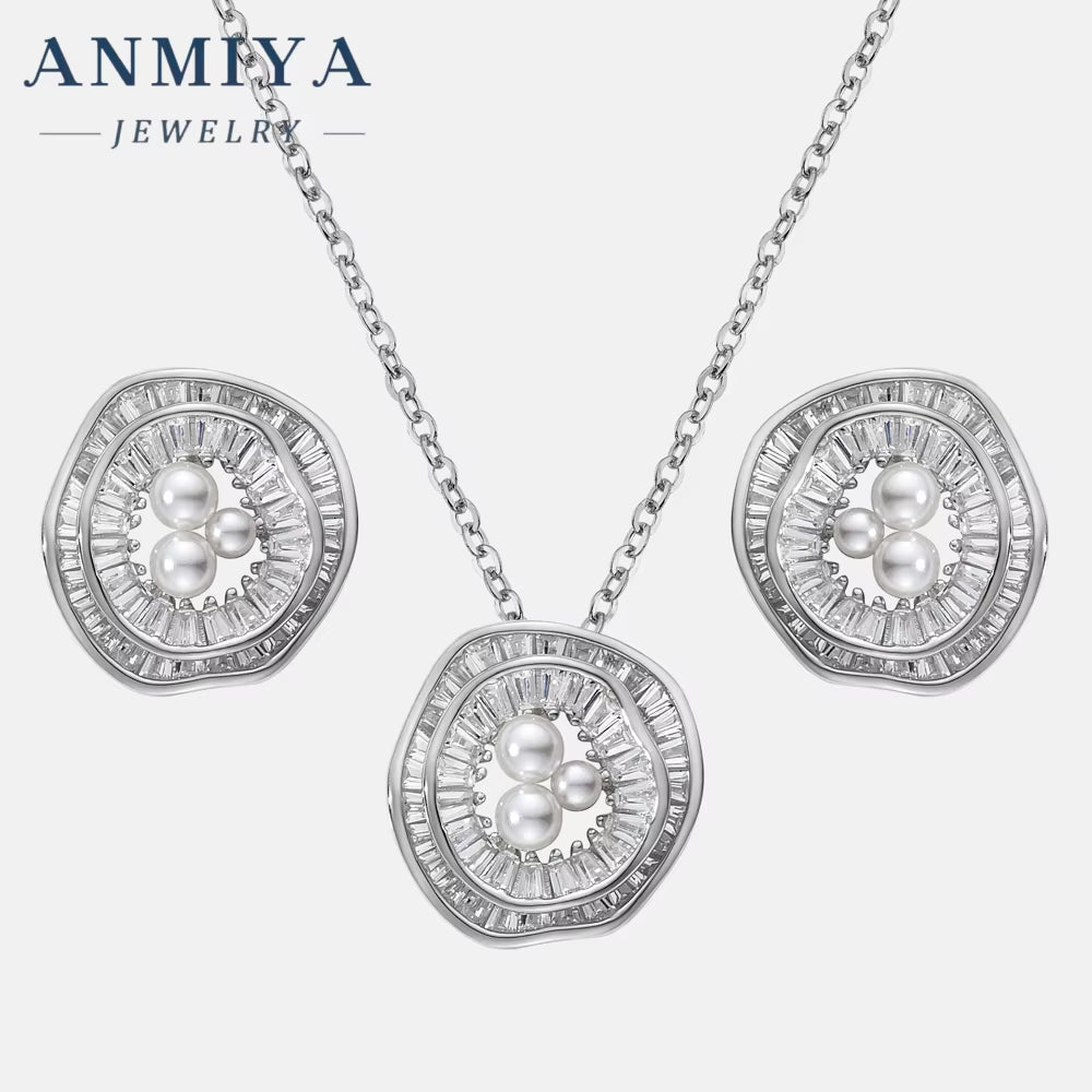 Fine Jewelry Freshwater Pearl 18K Gold Plated Zircon Flower Pendant Necklace Stud Earrings Jewelry Set for Women