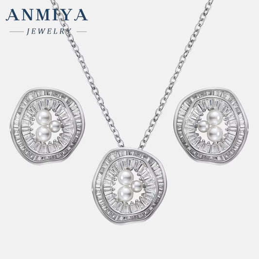 Fine Jewelry Freshwater Pearl 18K Gold Plated Zircon Flower Pendant Necklace Stud Earrings Jewelry Set for Women