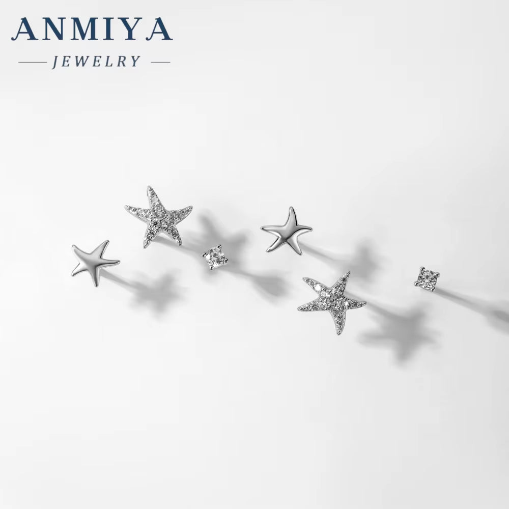 ANMIYA Summer Design Minimalist 925 Sterling Silver Starfish Stud Earrings Set for Women