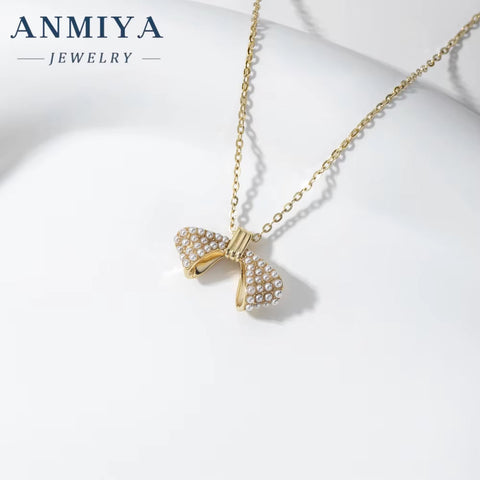 ANMIYA Popular Jewelry Necklace Sets 18K Gold Plated 925 Silver Waterproof Dainty Bow Charm Necklace for Gift