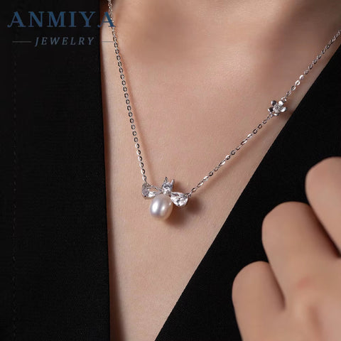 ANMIYA Personality Bee Fresh Water Pearl Pendant 925 Silver Jewelry Real Gold Plating Zircon Necklace for Women