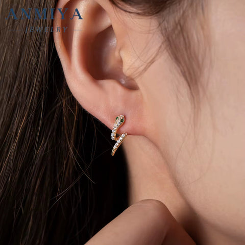 New Fashion Real Gold Plating Green Eyes Snake Shape 18K Gold 925 Sterling Silver Stud Earrings Punk Women Earrings